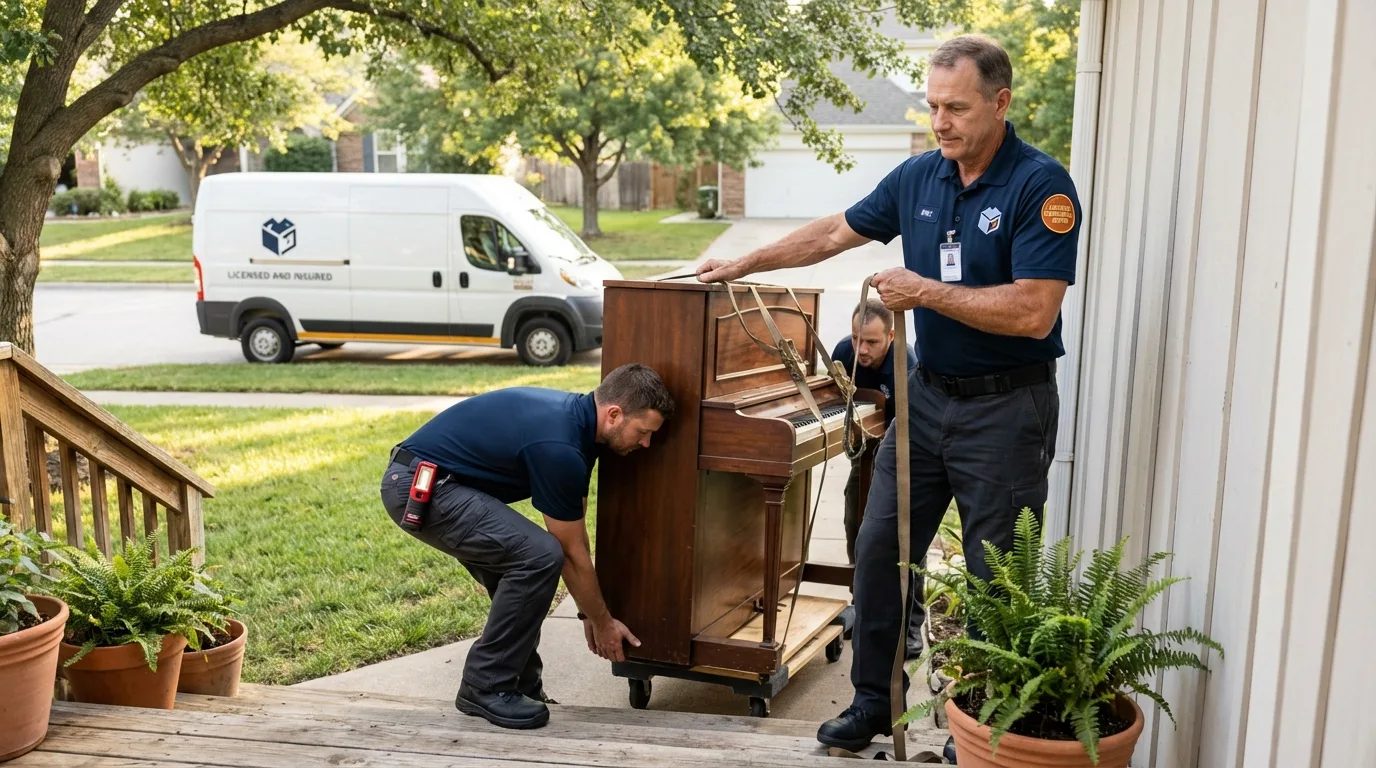 Licensed piano movers securing grand piano in Ottawa, IL
