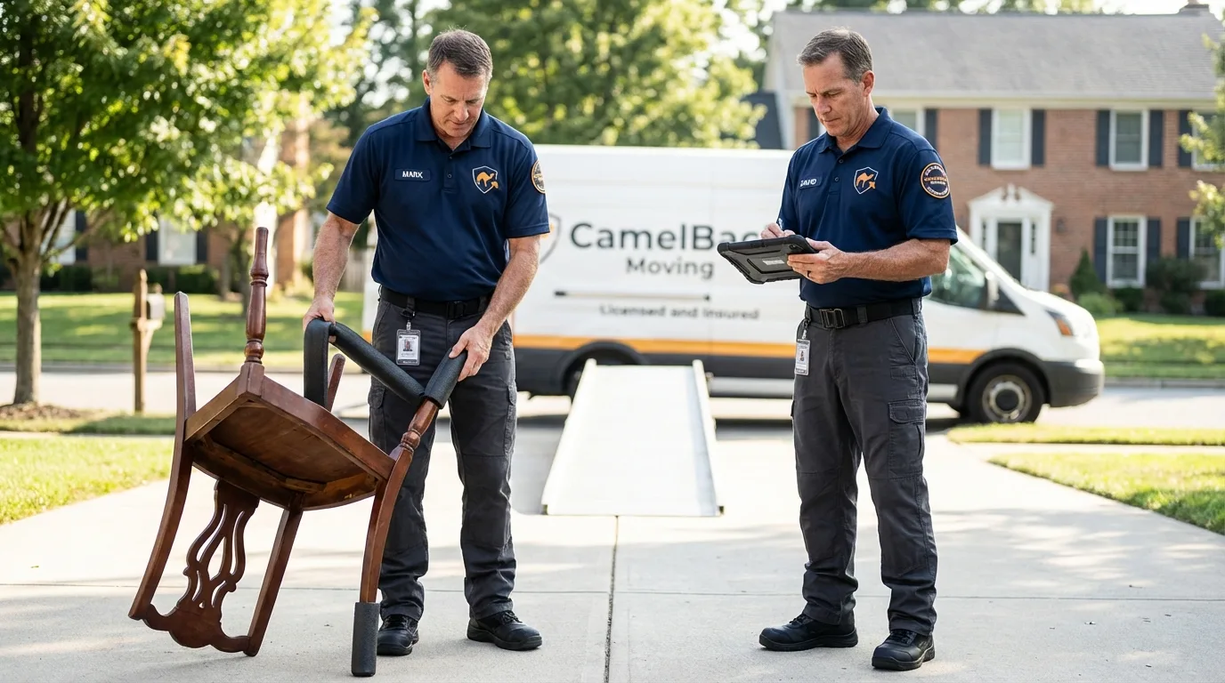 Movers inspecting furniture for damage prevention before loading in Ottawa, IL